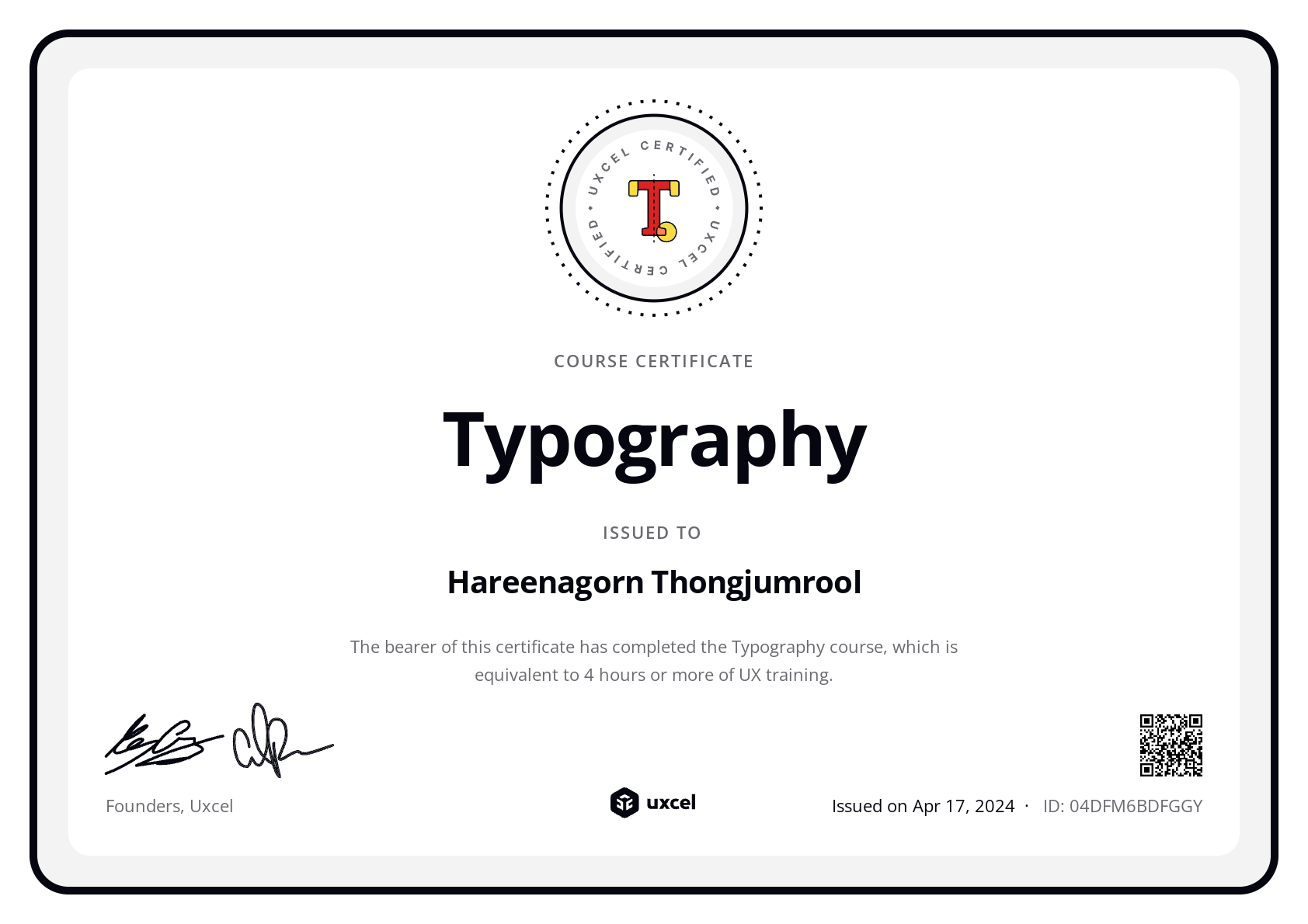 Hareenagorn Thongjumrool's certificate